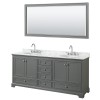 80 Inch Double Bathroom Vanity in Dark Gray, White Carrara Marble Countertop, Oval Sinks, 70 Inch Mirror