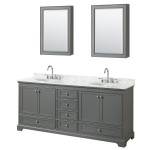 80 Inch Double Bathroom Vanity in Dark Gray, White Carrara Marble Countertop, Oval Sinks, Medicine Cabinets
