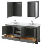 80 Inch Double Bathroom Vanity in Dark Gray, White Carrara Marble Countertop, Oval Sinks, Medicine Cabinets