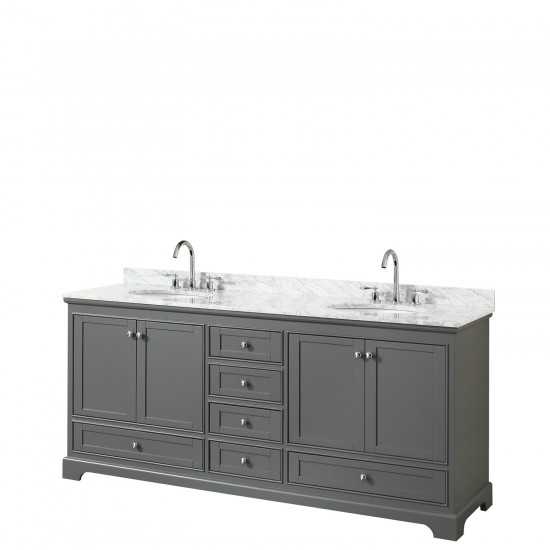 80 Inch Double Bathroom Vanity in Dark Gray, White Carrara Marble Countertop, Oval Sinks, No Mirrors