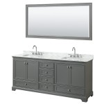 80 Inch Double Bathroom Vanity in Dark Gray, White Carrara Marble Countertop, Sinks, 70 Inch Mirror