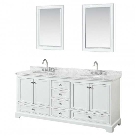 80 Inch Double Bathroom Vanity in White, White Carrara Marble Countertop, Oval Sinks, 24 Inch Mirrors