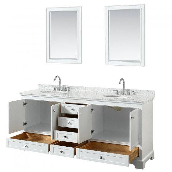 80 Inch Double Bathroom Vanity in White, White Carrara Marble Countertop, Oval Sinks, 24 Inch Mirrors