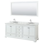 80 Inch Double Bathroom Vanity in White, White Carrara Marble Countertop, Oval Sinks, 70 Inch Mirror