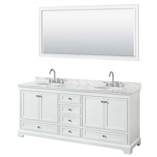 80 Inch Double Bathroom Vanity in White, White Carrara Marble Countertop, Oval Sinks, 70 Inch Mirror