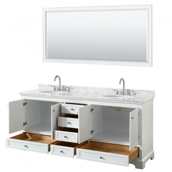 80 Inch Double Bathroom Vanity in White, White Carrara Marble Countertop, Oval Sinks, 70 Inch Mirror