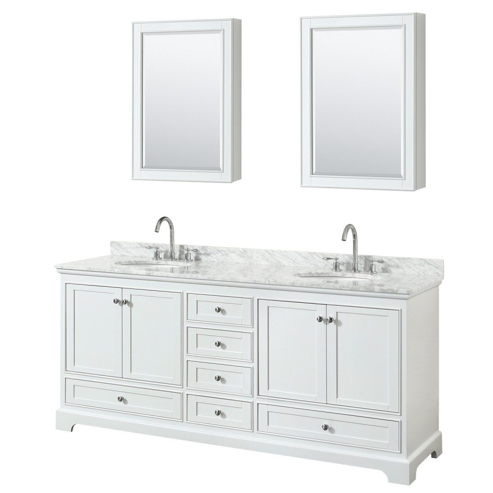 80 Inch Double Bathroom Vanity in White, White Carrara Marble Countertop, Oval Sinks, Medicine Cabinets