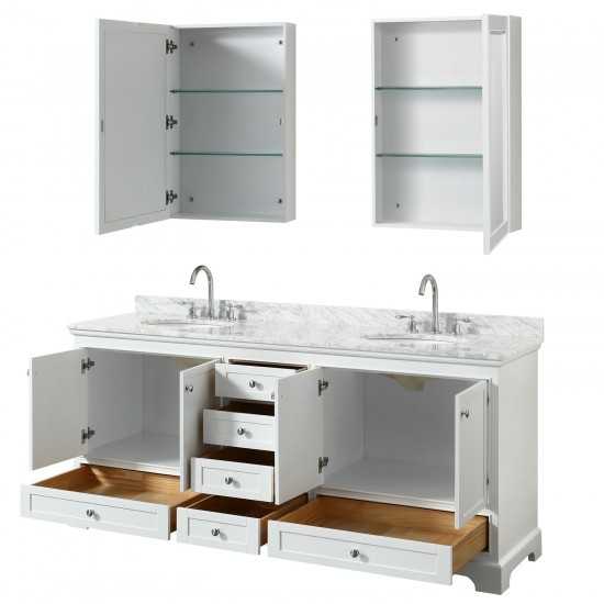 80 Inch Double Bathroom Vanity in White, White Carrara Marble Countertop, Oval Sinks, Medicine Cabinets