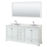80 Inch Double Bathroom Vanity in White, White Carrara Marble Countertop, Sinks, 70 Inch Mirror