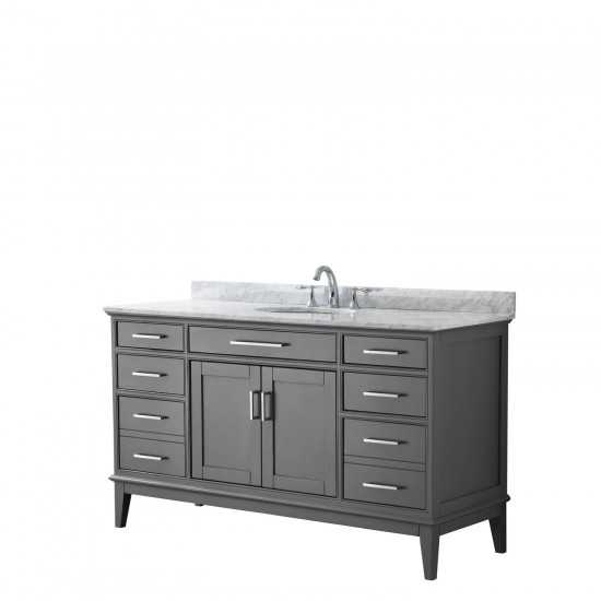 60 Inch Single Bathroom Vanity in Dark Gray, White Carrara Marble Countertop, Oval Sink, No Mirror