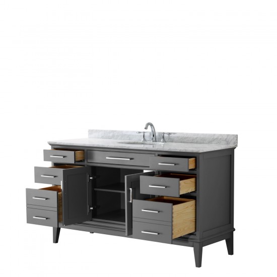 60 Inch Single Bathroom Vanity in Dark Gray, White Carrara Marble Countertop, Oval Sink, No Mirror