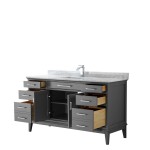 60 Inch Single Bathroom Vanity in Dark Gray, White Carrara Marble Countertop, Sink, No Mirror