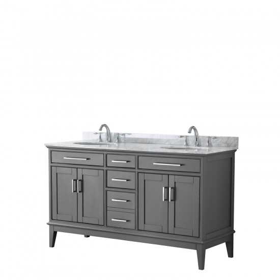 60 Inch Double Bathroom Vanity in Dark Gray, White Carrara Marble Countertop, Oval Sinks, No Mirror