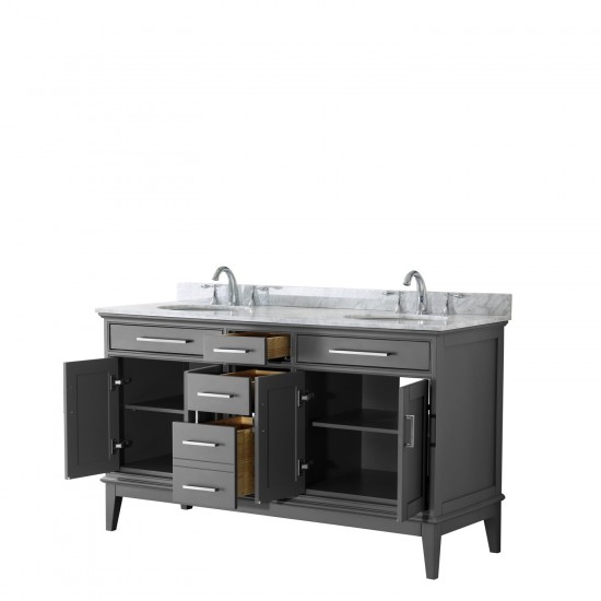 60 Inch Double Bathroom Vanity in Dark Gray, White Carrara Marble Countertop, Oval Sinks, No Mirror