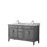 60 Inch Double Bathroom Vanity in Dark Gray, White Carrara Marble Countertop, Sinks, No Mirror