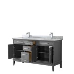 60 Inch Double Bathroom Vanity in Dark Gray, White Carrara Marble Countertop, Sinks, No Mirror