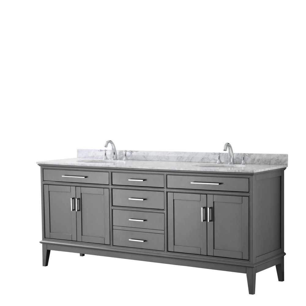 80 Inch Double Bathroom Vanity in Dark Gray, White Carrara Marble Countertop, Oval Sinks, No Mirror