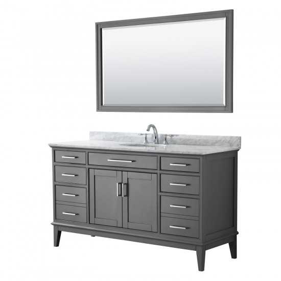 60 Inch Single Bathroom Vanity in Dark Gray, White Carrara Marble Countertop, Oval Sink, 56 Inch Mirror