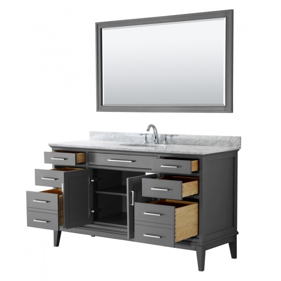 60 Inch Single Bathroom Vanity in Dark Gray, White Carrara Marble Countertop, Oval Sink, 56 Inch Mirror