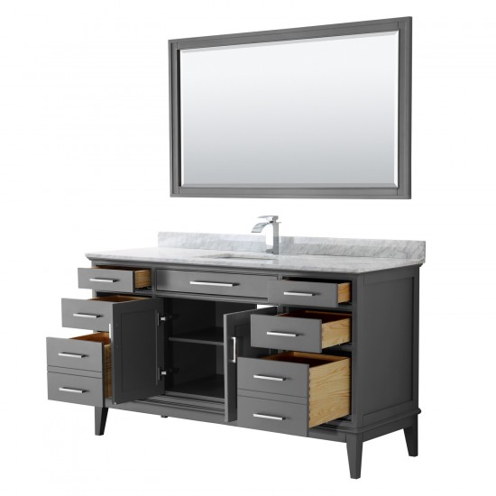 60 Inch Single Bathroom Vanity in Dark Gray, White Carrara Marble Countertop, Sink, 56 Inch Mirror