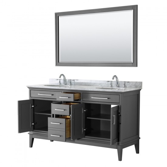 60 Inch Double Bathroom Vanity in Dark Gray, White Carrara Marble Countertop, Oval Sinks, 56 Inch Mirror