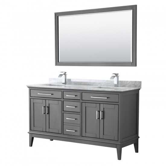 60 Inch Double Bathroom Vanity in Dark Gray, White Carrara Marble Countertop, Sinks, 56 Inch Mirror