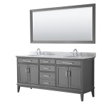 72 Inch Double Bathroom Vanity in Dark Gray, White Carrara Marble Countertop, Oval Sinks, 70 Inch Mirror