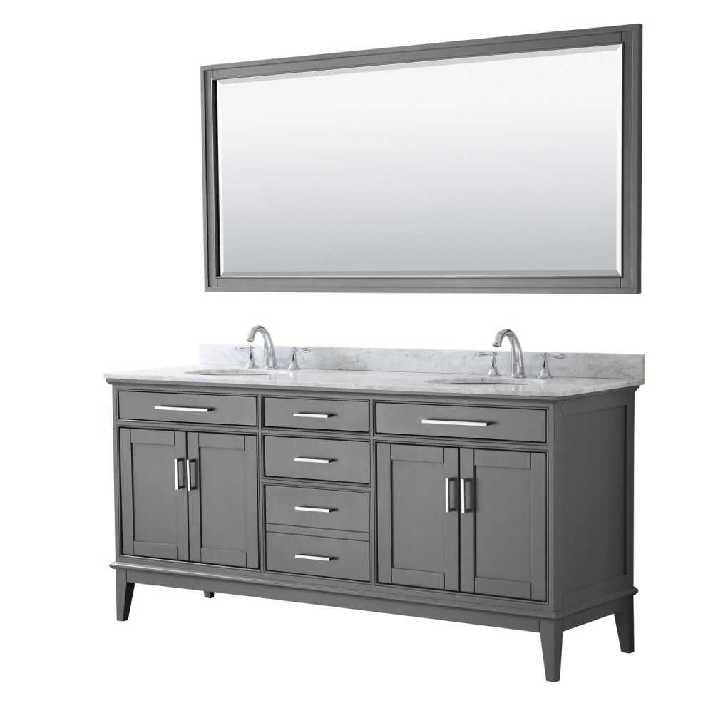 72 Inch Double Bathroom Vanity in Dark Gray, White Carrara Marble Countertop, Oval Sinks, 70 Inch Mirror