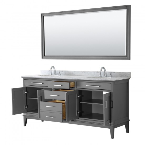 72 Inch Double Bathroom Vanity in Dark Gray, White Carrara Marble Countertop, Oval Sinks, 70 Inch Mirror