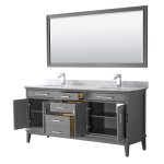 72 Inch Double Bathroom Vanity in Dark Gray, White Carrara Marble Countertop, Sinks, 70 Inch Mirror