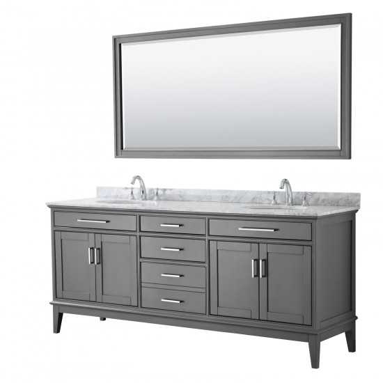 80 Inch Double Bathroom Vanity in Dark Gray, White Carrara Marble Countertop, Oval Sinks, 70 Inch Mirror