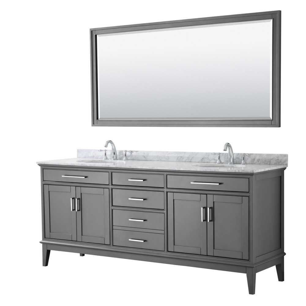 80 Inch Double Bathroom Vanity in Dark Gray, White Carrara Marble Countertop, Oval Sinks, 70 Inch Mirror