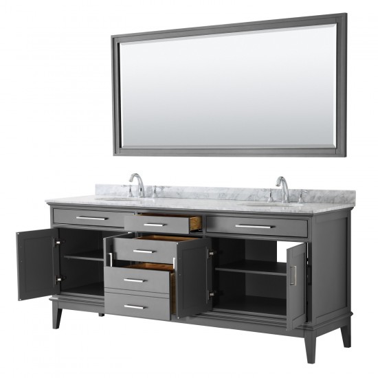 80 Inch Double Bathroom Vanity in Dark Gray, White Carrara Marble Countertop, Oval Sinks, 70 Inch Mirror