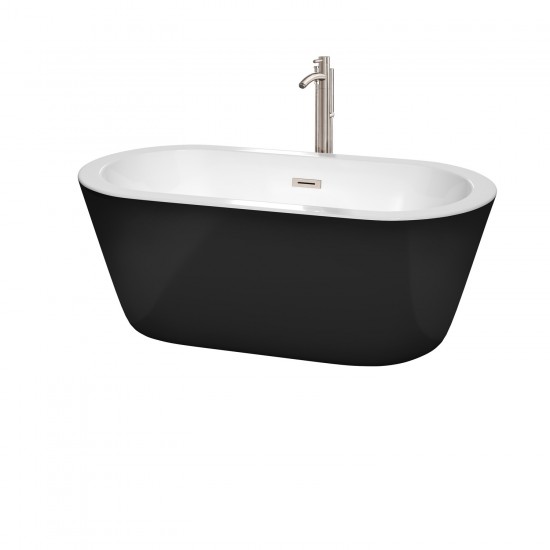 60 Inch Freestanding Bathtub in Black, White Interior, Floor Mounted Faucet, Drain, Trim in Nickel