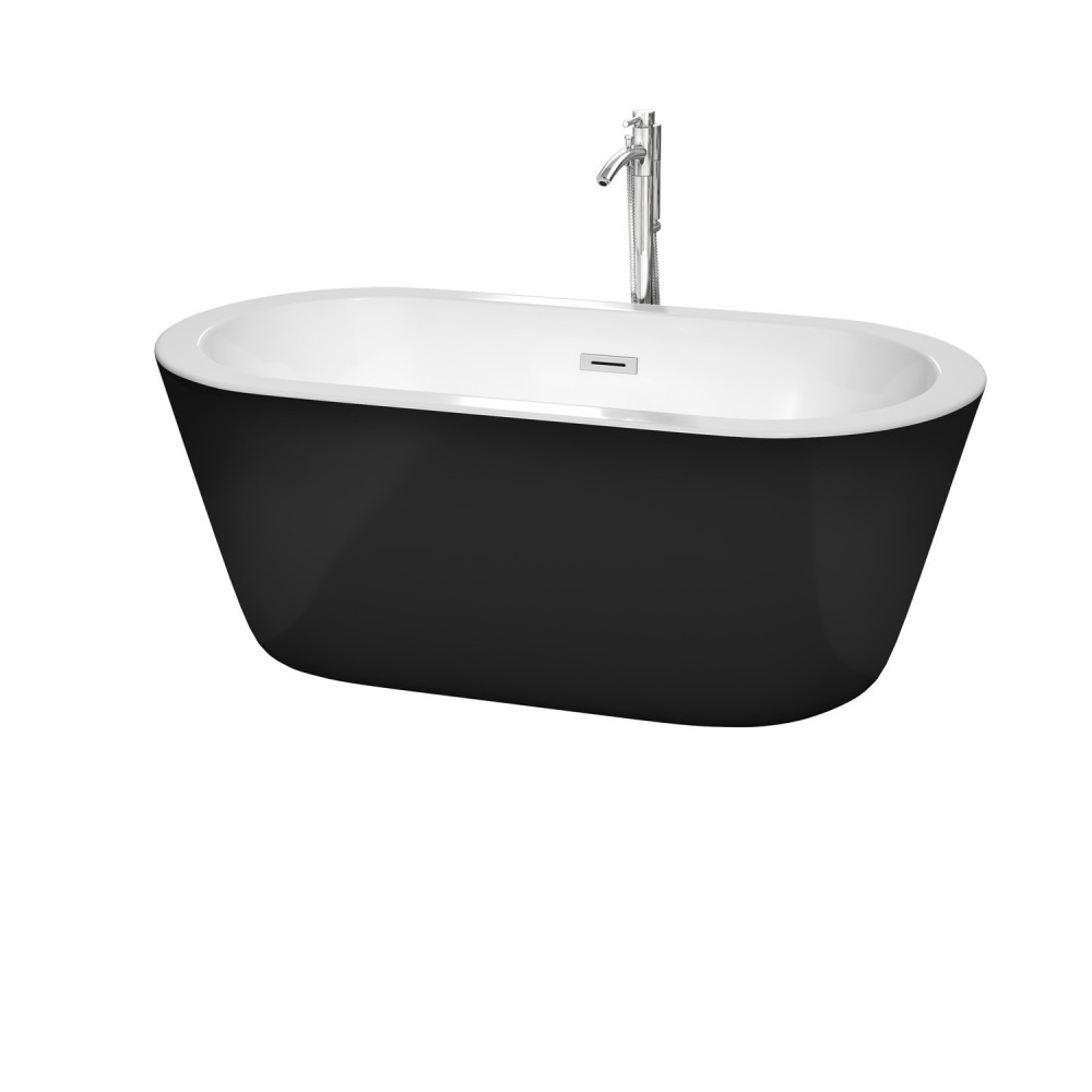 60 Inch Freestanding Bathtub in Black, White Interior, Floor Mounted Faucet, Drain, Trim in Chrome