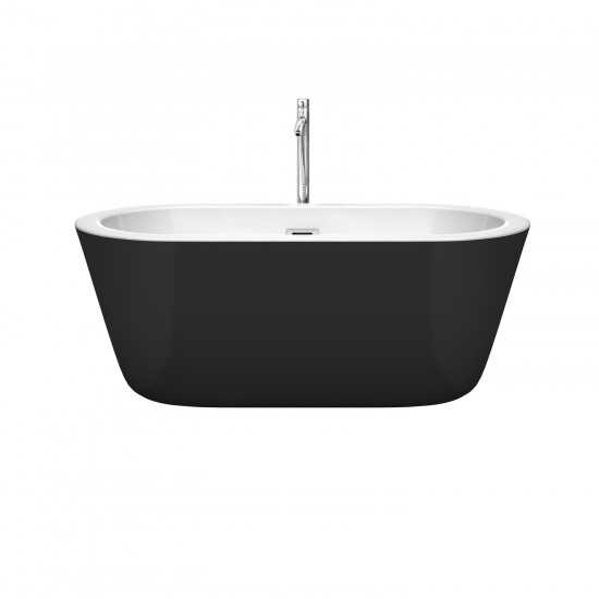 60 Inch Freestanding Bathtub in Black, White Interior, Floor Mounted Faucet, Drain, Trim in Chrome