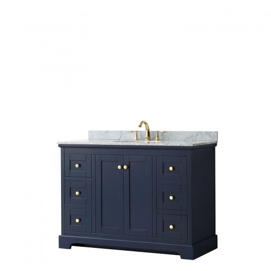 48 Inch Single Bathroom Vanity in Dark Blue, White Carrara Marble Countertop, Oval Sink, No Mirror