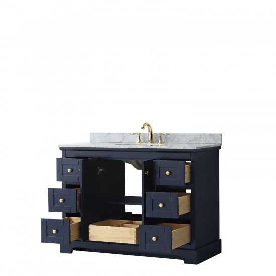 48 Inch Single Bathroom Vanity in Dark Blue, White Carrara Marble Countertop, Oval Sink, No Mirror