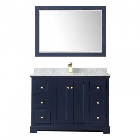 48 Inch Single Bathroom Vanity in Dark Blue, White Carrara Marble Countertop, Sink, 46 Inch Mirror