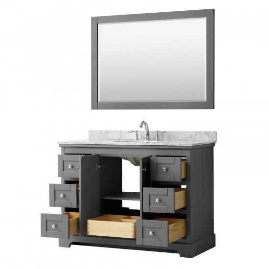 48 Inch Single Bathroom Vanity in Dark Gray, White Carrara Marble Countertop, Oval Sink, 46 Inch Mirror