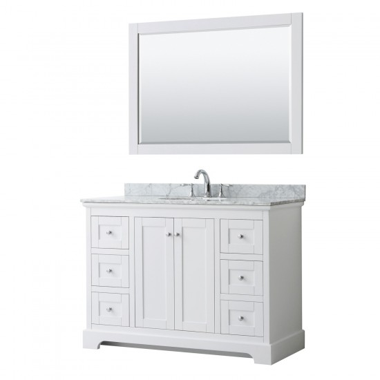 48 Inch Single Bathroom Vanity in White, White Carrara Marble Countertop, Oval Sink, 46 Inch Mirror