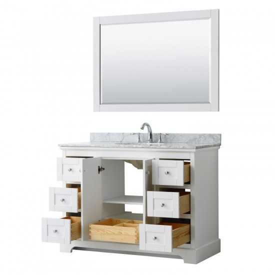 48 Inch Single Bathroom Vanity in White, White Carrara Marble Countertop, Oval Sink, 46 Inch Mirror