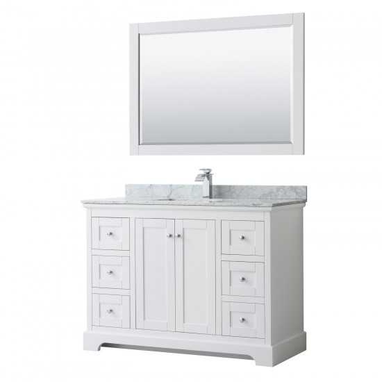 48 Inch Single Bathroom Vanity in White, White Carrara Marble Countertop, Sink, 46 Inch Mirror