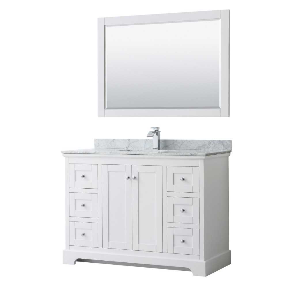 48 Inch Single Bathroom Vanity in White, White Carrara Marble Countertop, Sink, 46 Inch Mirror