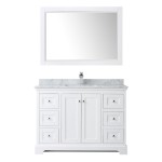 48 Inch Single Bathroom Vanity in White, White Carrara Marble Countertop, Sink, 46 Inch Mirror