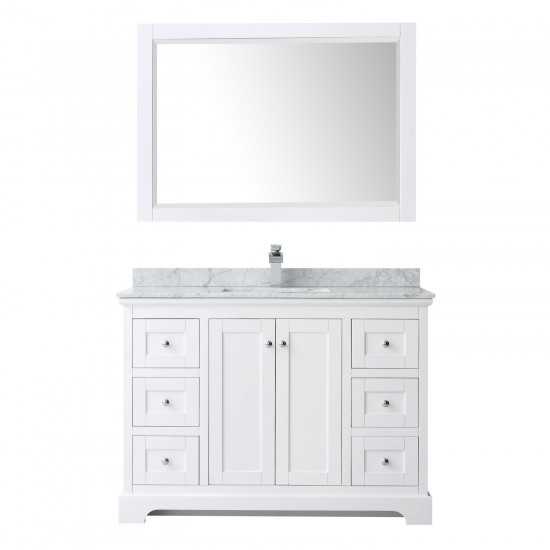 48 Inch Single Bathroom Vanity in White, White Carrara Marble Countertop, Sink, 46 Inch Mirror