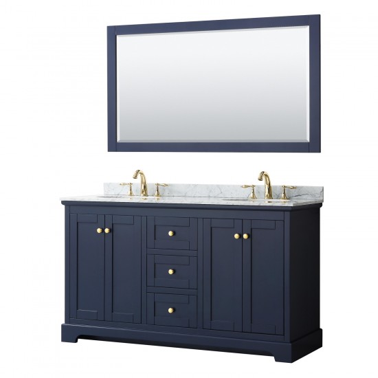 60 Inch Double Bathroom Vanity in Dark Blue, White Carrara Marble Countertop, Oval Sinks, 58 Inch Mirror