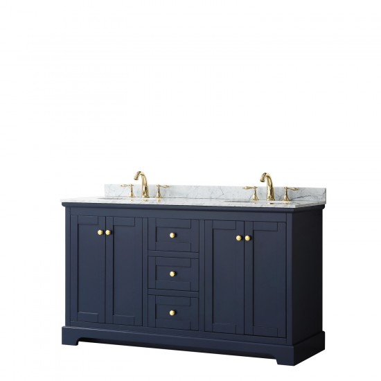 60 Inch Double Bathroom Vanity in Dark Blue, White Carrara Marble Countertop, Oval Sinks, No Mirror