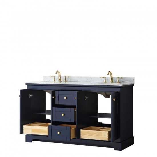 60 Inch Double Bathroom Vanity in Dark Blue, White Carrara Marble Countertop, Oval Sinks, No Mirror