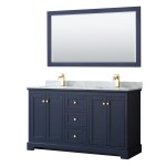 60 Inch Double Bathroom Vanity in Dark Blue, White Carrara Marble Countertop, Sinks, 58 Inch Mirror